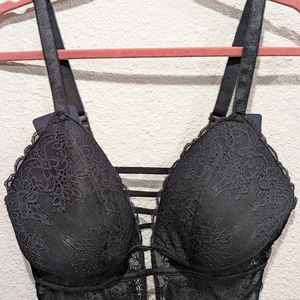 Rachel Roy Curvy Lace High Cut Teddy Bodysuit Black 1X NWT Sheer Lingerie - Picture 6 of 10